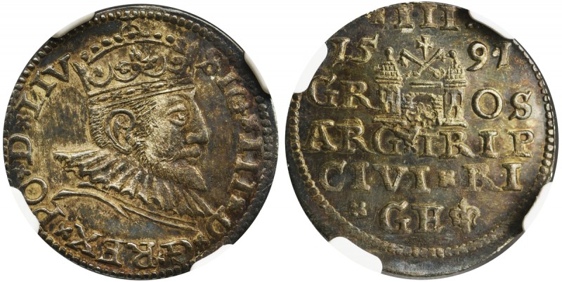 Sigismund III Vasa, 3 Groschen Riga 1591 - NGC AU58
Odmiana z LIV kończącym nap...