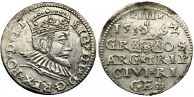 Sigismund III Vasa, 3 Groschen Riga 1592 - LI
Menniczej świeżości egzemplarz z lustrem.
Odmiana z końcówką LI, kropki pomiędzy D G REX.
Na rewersie...