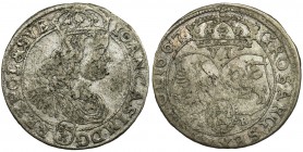 John II Casimir, 6 Groschen Bromberg 1667 TLB
Odmiana z&nbsp;herbem Ślepowron w tarczy, na rewersie tarcze zaokrąglone, poniżej inicjały TLB Tytusa L...