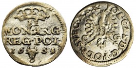 John II Casimir, 2 Groschen Bromberg 1651 CG - IOA
Moneta z obustronnym, mocnym lustrem.
Odmiana z datą u dołu, przedzieloną herbem Wieniawa.Wariant...