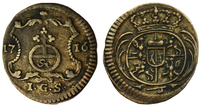 Augustus II the Strong, 1 Pfennig Dresden 1723 IGS
Odmiana z inicjałami IGS Jan...