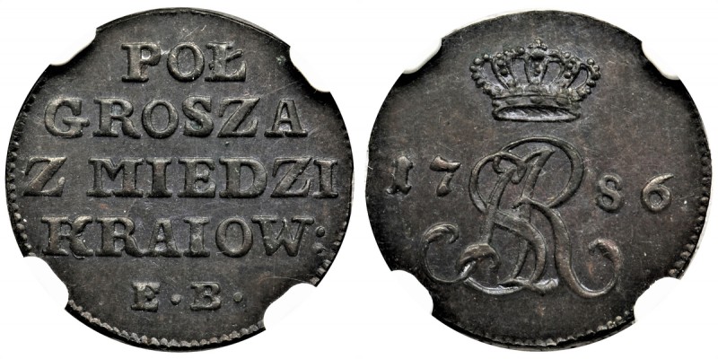 Poniatowski, Half groschen from polish copper 1786 - NGC MS63 BN - PROBE - RARE...