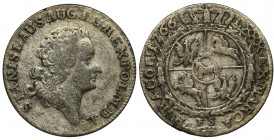 Poniatowski, 4 Groschen 1766 FS - prussian fals
Pruskie fałszerstwo złotówki z 1766 roku, odmiana z tzw. aniołkiem, z małymi cyframi i literami.
Wed...