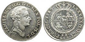 Poniatowski, 4 Groschen 1786 EB
Bardzo rzadka złotówka z przejściowego rocznika, z nowym typem portretu króla (bitym aż do końca Polski Królewskiej) ...