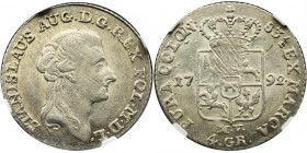 Poniatowski, 1 Zloty 1792 MV - NGC MS61
Atrakcyjna, mennicza sztuka z dużą ilością połysku. Justunek.&nbsp;
Reference: Parchimowicz-Brzeziński 22.f,...