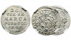 Poniatowski, 2 Groschen Warsaw 1766 FS - NGC MS64
Nienotowana odmiana w katalogu Parchimowicza, Brzezińskiego, z 7 listkami lauru i z krótszą gałązką...