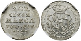 Poniatowski, 2 Groschen 1767 FS - NGC MS63
Odmiana z kropką po 2.
Piękny, menniczej świeżości egzemplarz.
Druga najwyższa nota w rejestrze NGC, tyl...