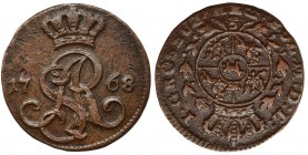 Poniatowski, Groschen 1768 - small G, rare
Rzadki grosz wybity stemplem odwróconym z charakterystycznym zgrubieniem na nóżce litery R w monogramie kr...