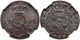 Poniatowski, Groschen Warsaw 1794 MV - NGC MS64 BN
Gabinetowy, unikalny stan zachowania grosza SAP.&nbsp;
Moneta piękna w każdym detalu. Znakomity p...