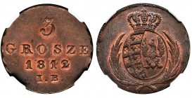 Duchy of Warsaw, 3 groschen Warsaw 1812 IB - NGC MS64 BN
Miedziana moneta z Księstwa Warszawskiego w tym stanie zachowania stanowi ogromną rzadkość.&...