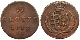 Duchy of Warsaw, 3 groschen Warsaw 1812 IB
Dobry detal jak na ten typ monety.
Odmiana z gałązkami wieńca skierowanymi do dołu.
Reference: Plage 89,...