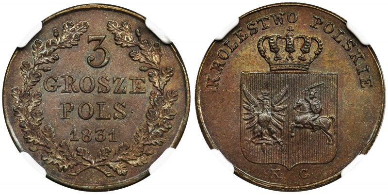 November Uprising, 3 Groschen 1831 KG - NGC MS63+ BN
Odmiana z łapami orła pros...