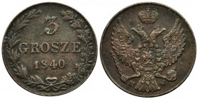 3 groschen Warsaw 1840 MW
Ciemna patyna. Bardzo dobry detal.&nbsp;
Ładna moneta.&nbsp;
Odmiana z grubą cyfrą nominału.


Reference: Bitkin 1206,...