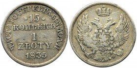 15 kopeks = 1 zloty Warsaw 1835Zdrowa prezencja.
Reference: Bitkin 1165, Plage 402, Berezowski 0.80zł
Grade: VF+