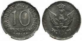 German Regency, 10 pfennig 1918 - NGC MS65
Drugi, rzadszy rocznik 10-fenigówek Królestwa Polskiego. 

Druga nota w rejestrze NGC, tylko jeden egzem...