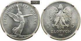 Nike, 5 zloty Warsaw 1931 - NGC MS64+ - rare
Spektakularnej urody egzemplarz jednej z najrzadszych monet II RP.&nbsp;
Takiej klasy egzemplarze pojaw...