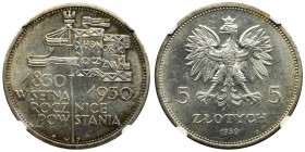 Revolution, 5 zlotych 1930 - NGC MS63
Piękny egzemplarz, wybity świeżym stemplem, stąd z typowym, wpadającym w czerń tłem.&nbsp;
Menniczy detal i pr...
