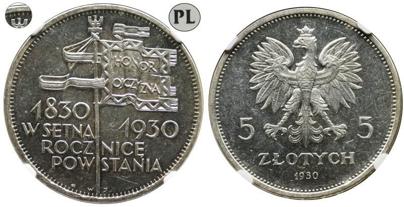Revolution, 5 zloty 1930 - NGC MS62 PROOF LIKE - high
Odmiana bita stemplem głę...