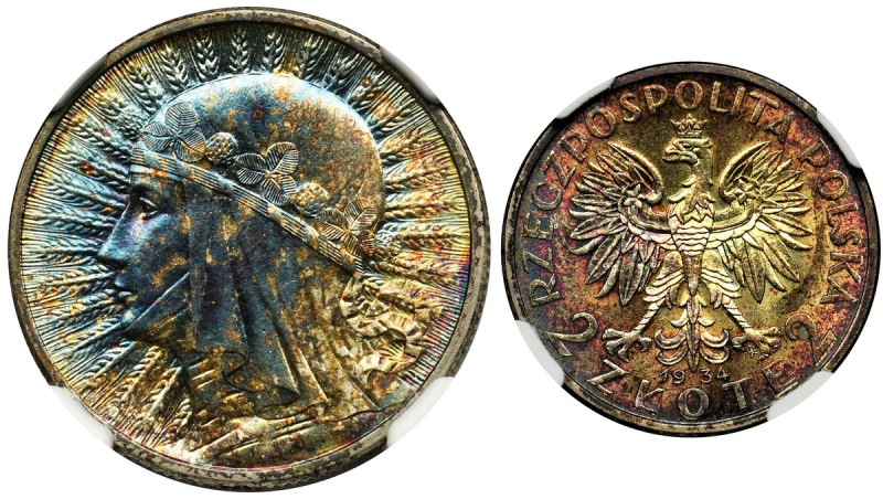 Queen Jadwiga, 2 zloty 1934 - NGC MS66★
Doskonały egzemplarz w pięknej kolorowe...