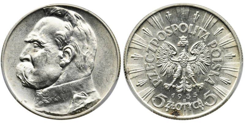 Pilsudski, 5 zloty 1935 - PCGS MS63
Piękny egzemplarz, zdecydowanie o świeższej...