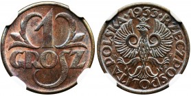 1 grosz 1933 - NGC MS67 BN
Menniczy egzemplarz z intensywnym połyskiem. Kolor brązowy.
Moneta rzadka w tak perfekcyjnej kondycji.
 Jeden z trzech e...