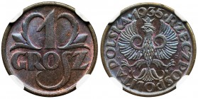 1 grosz 1935 - NGC MS65 BN
Moneta o pięknej prezencji z intensywnym blaskiem. Kolor czerwono-brązowy.&nbsp;
Druga najwyższa nota dla tej odmiany kol...