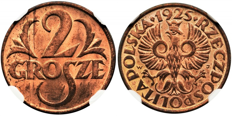 2 grosze 1925 - NGC MS65 RD - RZADKOŚĆ
Dużej rzadkości wariant w kolorze czerwo...