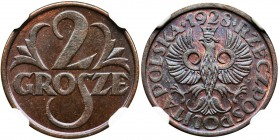 2 grosze 1928 - NGC MS66 BN
Perfekcyjny egzemplarz o znakomitej prezencji. Piękna kolorystyka sklasyfikowana jako brązowa.&nbsp;
Jest to jeden z czt...
