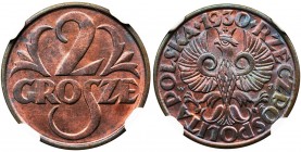 2 grosze 1930 - NGC MS66 RB
Menniczy egzemplarz z intensywnym, głębokim połyskiem. Piękny kolor czerwonobrązowy.&nbsp;
Druga najwyższa nota w rejest...