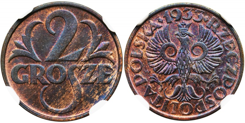 2 grosze 1933 - NGC MS66 RB
Dużej urody, menniczy egzemplarz. Kolor czerwono-br...