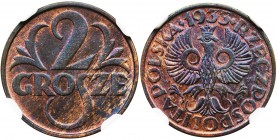 2 grosze 1933 - NGC MS66 RB
Dużej urody, menniczy egzemplarz. Kolor czerwono-brązowy.
Druga nota w rejestrze NGC dla tej odmiany kolorystycznej.
Wy...