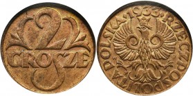 2 grosze 1933 - NGC MS64 RB
Dużej urody, menniczy egzemplarz. Kolor czerwono-brązowy. 
Rzadki rocznik i atrakcyjna nota od NGC. Reference: Parchimow...