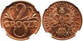 2 grosze 1935 - NGC MS66 RB
Moneta o spektakularnej prezencji z niespotykanie mocnym blaskiem. Kolor czerwono-brązowy z wyraźną przewagą czerwieni.
...