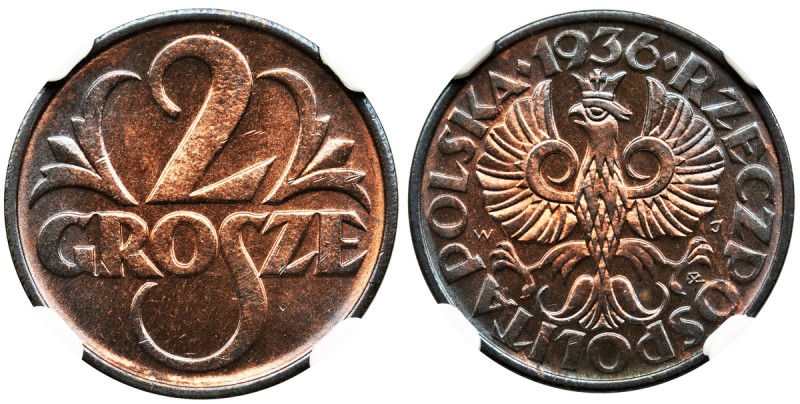 2 grosze 1936 - NGC MS67 RB
Menniczy egzemplarz z intensywnym, głębokim połyski...