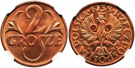 2 grosze 1938 - NGC MS67 RD
Wyśmienita sztuka z głębokim lustrem, podkreślonym przez ceniony i pożądany kolor czerwony.&nbsp;
Najwyższa nota w rejes...