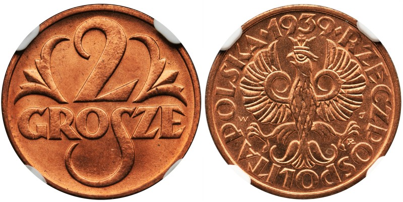 2 grosze 1939 - NGC MS67 RD - z efektem lustrzanki
Pokazowy egzemplarz. Doskona...
