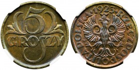 5 groszy 1923 - NGC MS66
Wyśmienity egzemplarz z głębokim połyskiem oraz doskonałym tłem.&nbsp;
Druga najwyższa nota, ale tylko jeden egzemplarz oce...