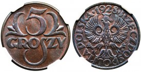 5 groszy 1928 - NGC MS65 BN
Doskonały egzemplarz z pięknym połyskiem na całej powierzchni. Kolor brązowy. 
Druga najwyższa nota w rejestrze NGC.&nbs...