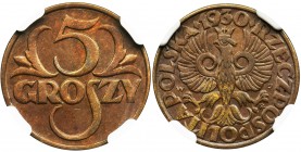 5 groszy 1930 - NGC MS62 BN
Rzadki rocznik w menniczym stanie zachowania. Kolor brązowy.&nbsp;Reference: Parchimowicz 103d
Grade: NGC MS62 BN