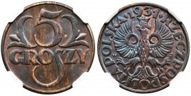 5 groszy 1931 - NGC MS63 BN
Menniczy egzemplarz z ładnym połyskiem. Kolor brązowy.&nbsp;Reference: Parchimowicz 103e
Grade: NGC MS63 BN