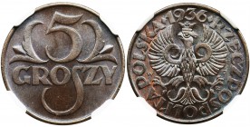 5 groszy 1936 - NGC MS67 BN
Rzadki rocznik w spektakularnym stanie zachowania. 
Wariant w odmianie kolorystycznej brązowej.
Moneta menniczej świeżo...