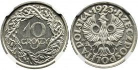 10 groszy 1923 - NGC MS66 - PIĘKNY
&nbsp;
Znakomity, pokazowy egzemplarz. 
10 groszy to najtrudniejszy w pięknych stanach nominał monet groszowych ...