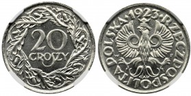 20 groszy 1923 - NGC MS68
&nbsp;
Perfekcyjny stan zachowania. Moneta bardzo rzadka z tak wysoką, techniczną oceną od NGC.
Egzemplarz pokazowy. Dosk...