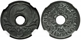 German Occupation, 5 groszy 1939 - NGC MS65
Menniczy egzemplarz w najwyższej nocie od NGC.Reference: Parchimowicz 103k
Grade: NGC MS65 MAX
