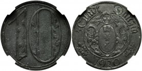Free City of Danzig, 10 pfennig 1920 - LARGE 10 - NGC AU58 - RARE
Bardzo rzadka odmiana z dużymi cyframi nominału. Wariant rewersu z daszkiem jedynki...