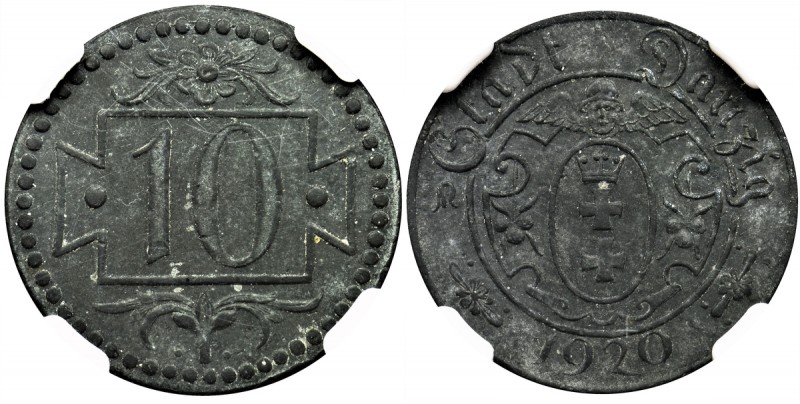 Free City of Danzig, 10 pfennig 1920 - 56 pearls - NGC AU58
Odmiana z małymi cy...