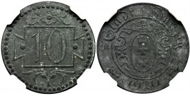 Free City of Danzig, 10 pfennig 1920 - 56 pearls - NGC AU58
Odmiana z małymi cyframi i 56 perełkami, litera&nbsp;D zlewa się z zewnętrznym otokiem, k...