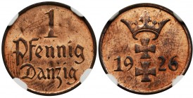 Free City of Danzig, 1 pfennig 1926 - NGC MS64 RB
Rzadki rocznik.
Piękny egzemplarz. Intensywny blask oraz pełna mennicza świeżość. Kolor czerwono-b...