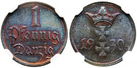 Free City of Danzig, 1 pfennig 1930 - NGC MS64 BN
Menniczy egzemplarz z mocnym połyskiem. Kolor brązowy.
Reference: Parchimowicz 53d
Grade: NGC MS6...