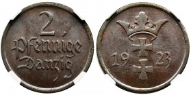 Free City of Danzig, 2 pfennig 1923 - NGC MS65 BN
Wyśmienita, mennicza sztuka z przyjemnym połyskiem tła. Kolor brązowy.Reference: Parchimowicz 54a
...